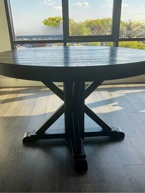 Pottery Barn Black Round Wood Dining Table with Cross Pedestal Base